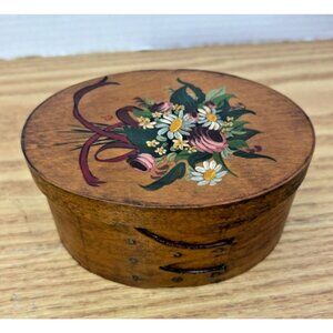 Painted Floral Folk Art  Shaker Style Bentwood Banded Covered Oval Box